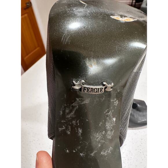 Fergie Black Leather Ankle Boots Peep Toe Heels Women's 8 Snaps - Picture 6 of 8